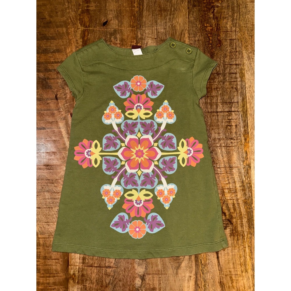 Tea Collection Girls Olive Green Floral Mandala Cotton Dress Size 2